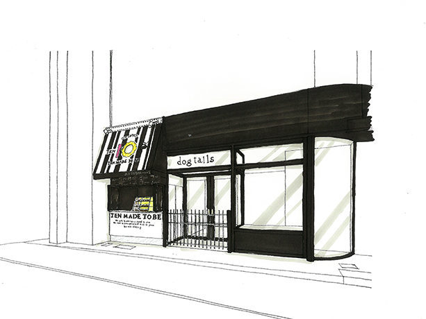 飲食店の外観デザイン。
ドッグヘアサロン&ペットグッズのショップが併設された飲食店のスケッチパース。




