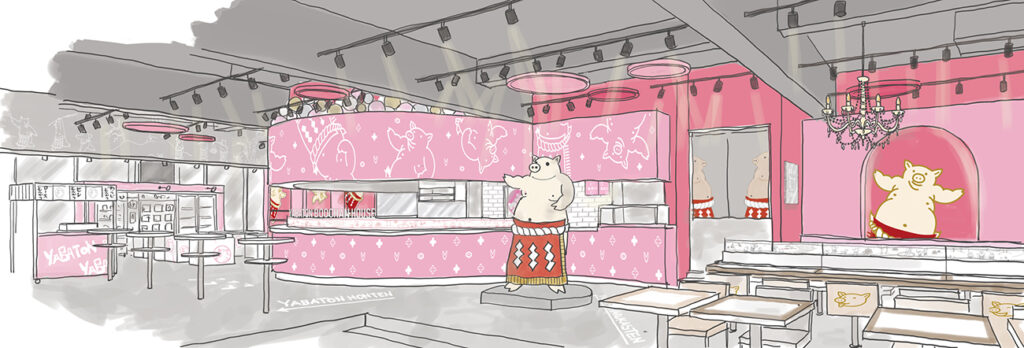 矢場とん清須店｜ピンク色とキャラクターが可愛い「ぶーちゃんハウス」の手描きのスケッチパース｜名古屋の店舗設計デザイン スーパーボギー