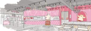矢場とん清須店｜ピンク色とキャラクターが可愛い「ぶーちゃんハウス」の手描きのスケッチパース｜名古屋の店舗設計デザイン スーパーボギー